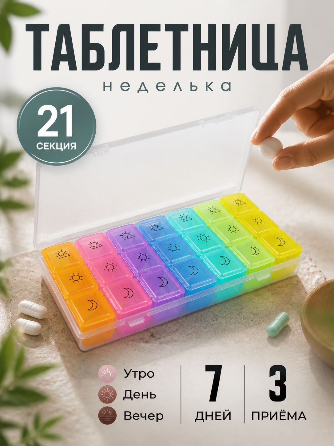 Таблетница на 7 дней 3 приема, контейнер для таблеток 21 секция, органайзер для лекарств, На фото — предложение продавца