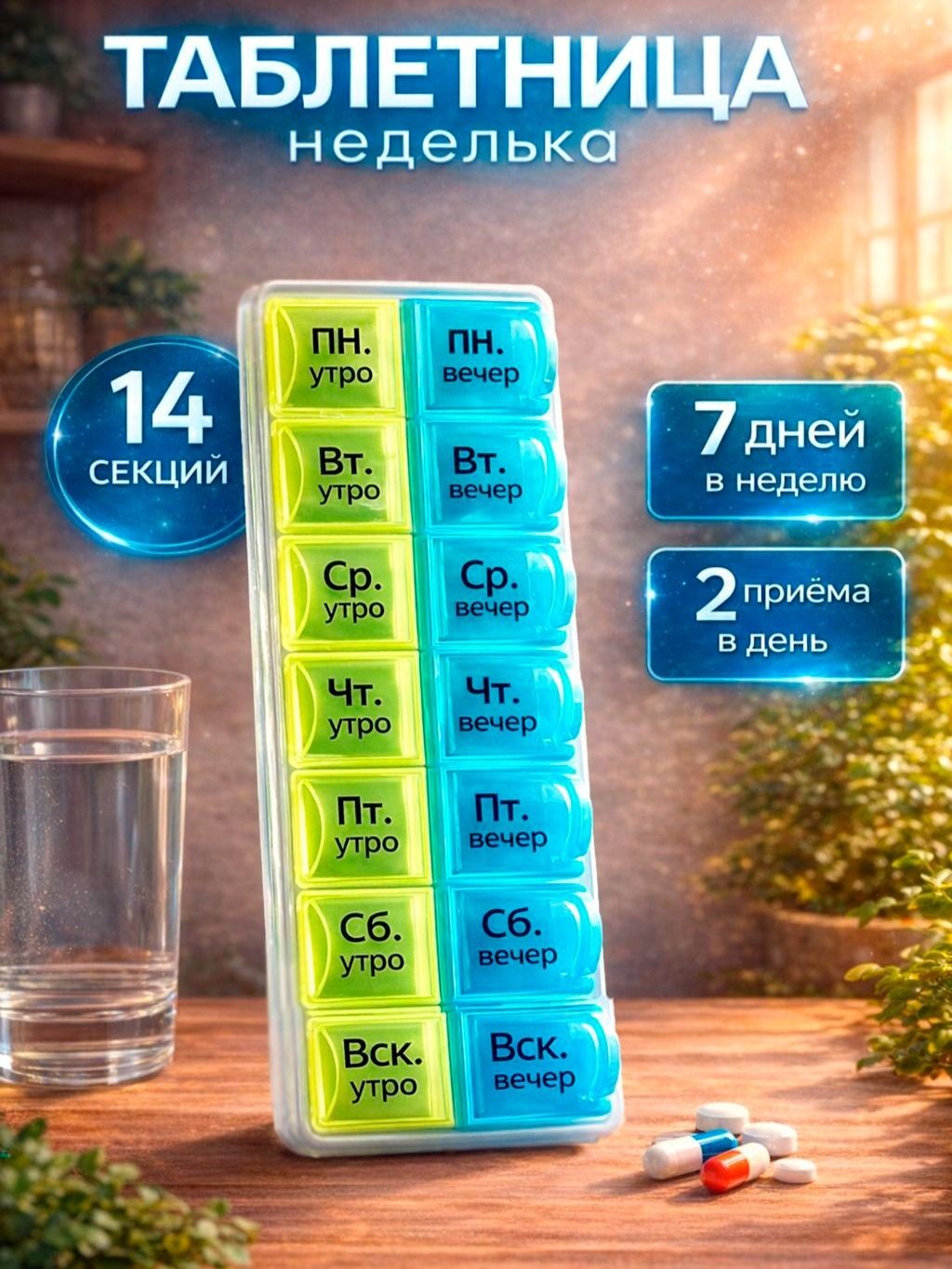 Таблетница на неделю 2 приёма, 14 ячеек / Органайзер для таблеток Неделька, На фото — предложение продавца