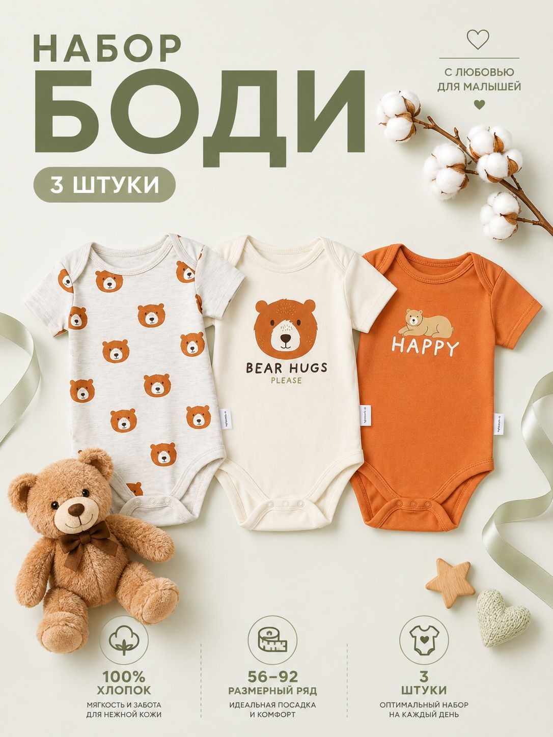 Боди для новорождённых с коротким рукавом Крошка Я Bear, набор 3 шт., рост 56-62 см, На фото — предложение продавца