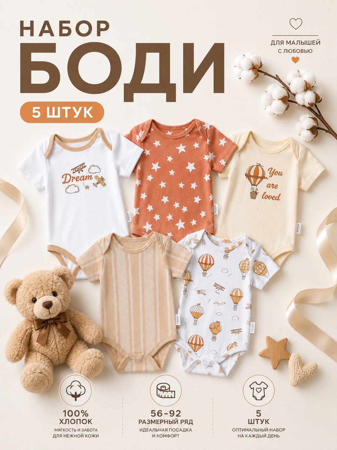 Боди для новорождённых с коротким рукавом Крошка Я Dream, набор 5 шт., рост 74-80 см, На фото — предложение продавца