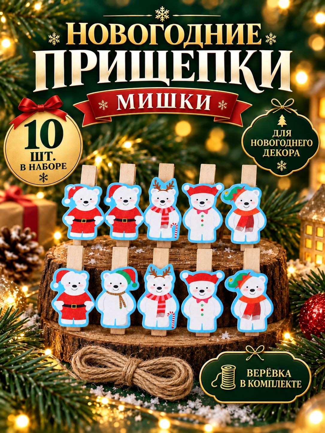 Прищепки декоративные, 10 штук, "Новогодние мишки", 4 см, деревянные прищепки для открыток и фото, На фото — предложение продавца