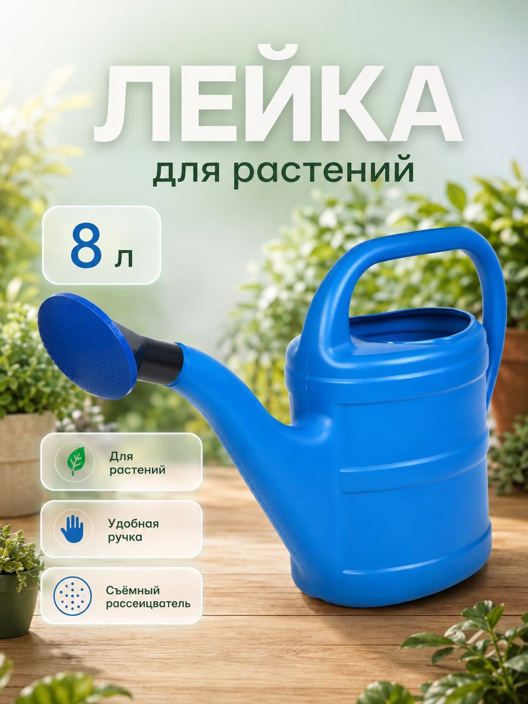 Лейка для полива 8 л с рассеивателем, садовая лейка для цветов