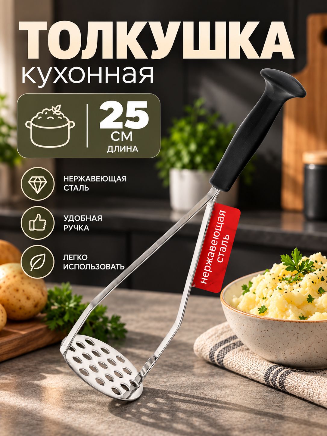 Толкушка с пластиковой ручкой, 25 см, На фото — предложение продавца
