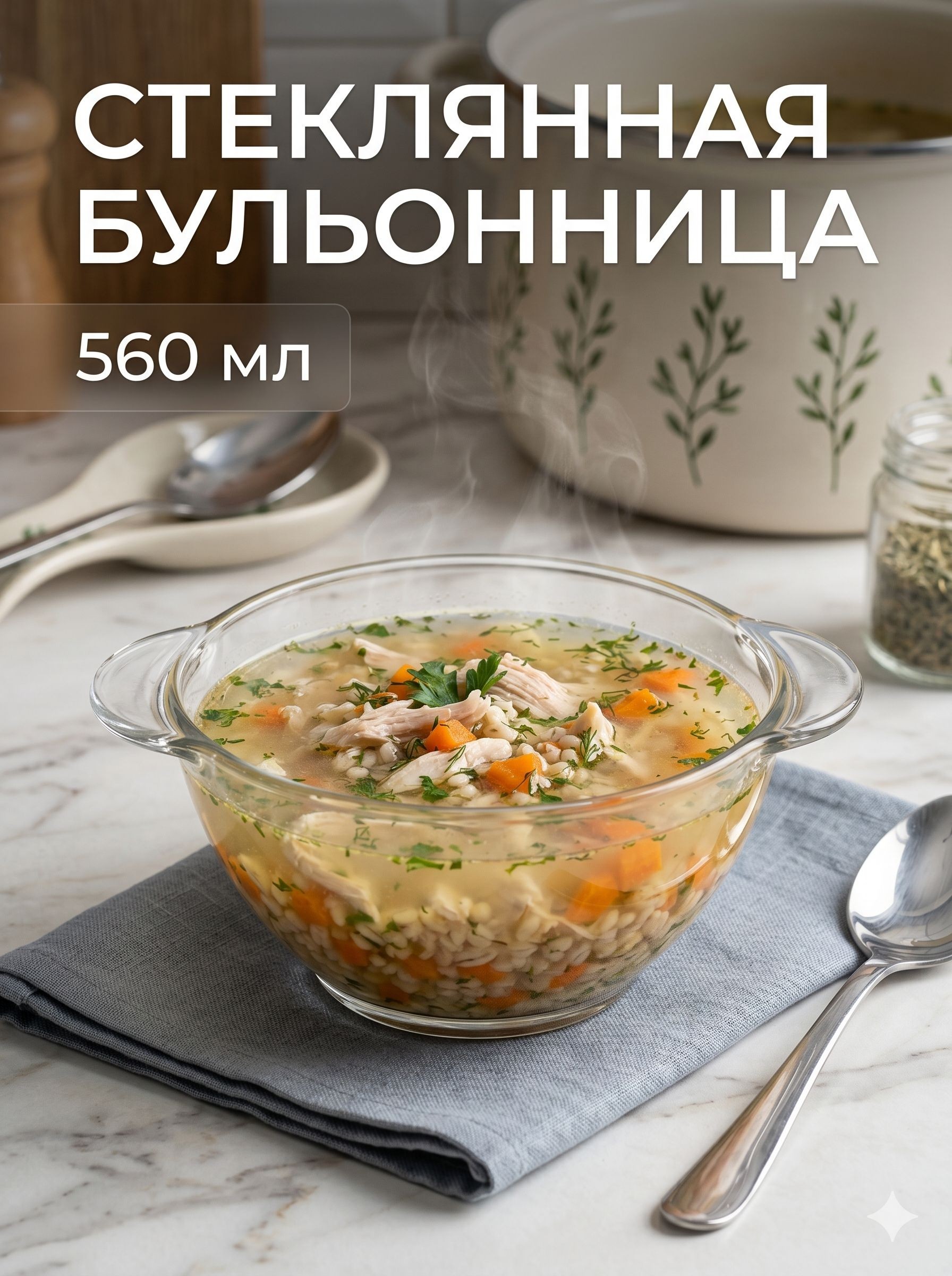 Бульонница стеклянная, 560 мл, диаметр 14 см, На фото — предложение продавца