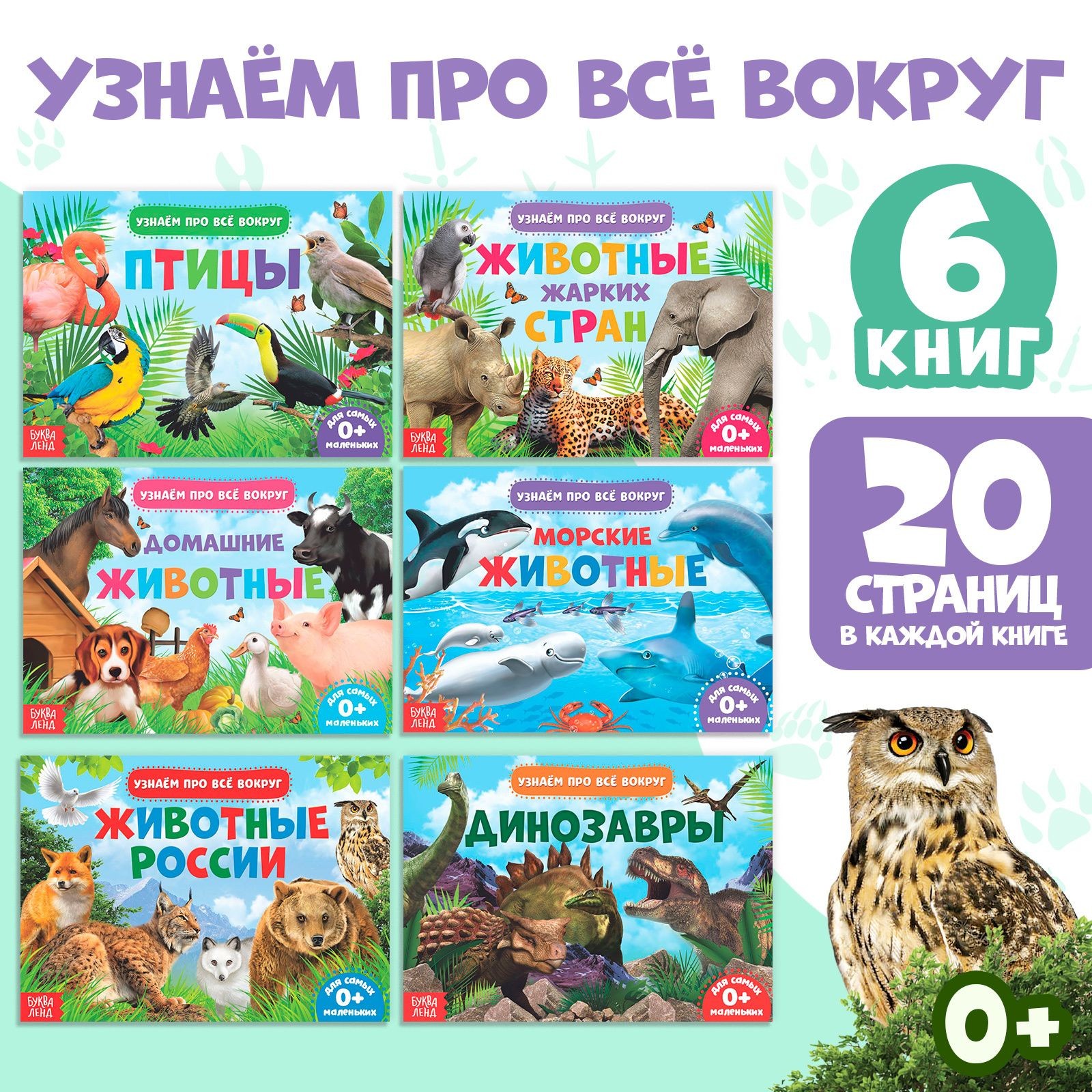 Обучающие книги, БУКВА-ЛЕНД "Узнаём про всё вокруг", набор 6 шт., развивающие, 108 животных и птиц, динозавры, для детей