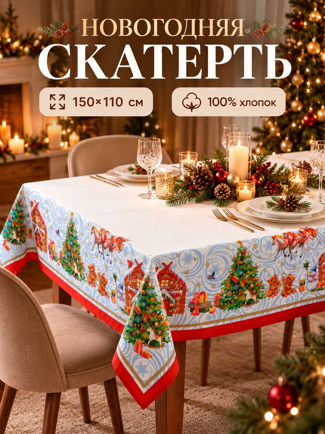 Скатерть новогодняя на стол 150х110 см, Новогодняя сказка, Тканевая, ВГМО, Саржа 190 г/м