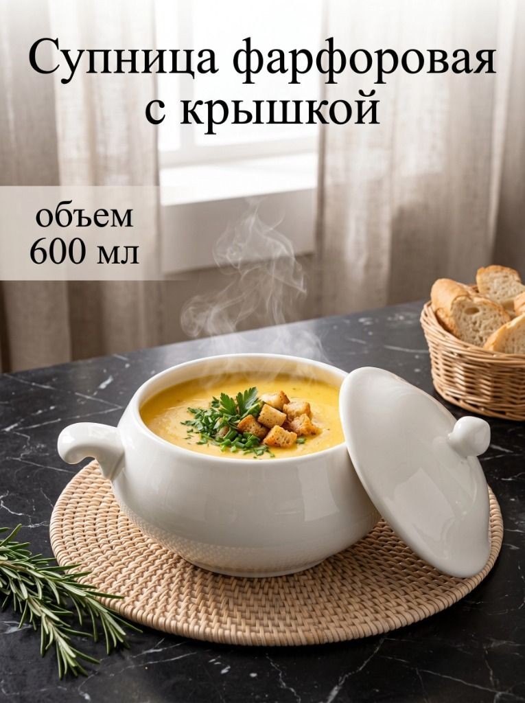 Супница с ручками, объем 600 мл, с крышкой, Magistro "Бланш", фарфоровая, На фото — предложение продавца