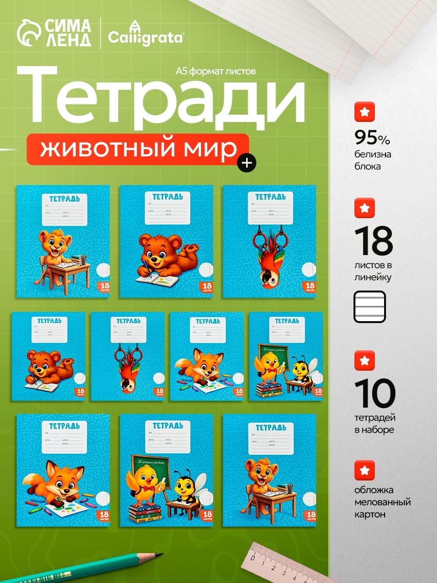 Набор тетрадей в линейку 18 листов, 10 штук, На фото — предложение продавца