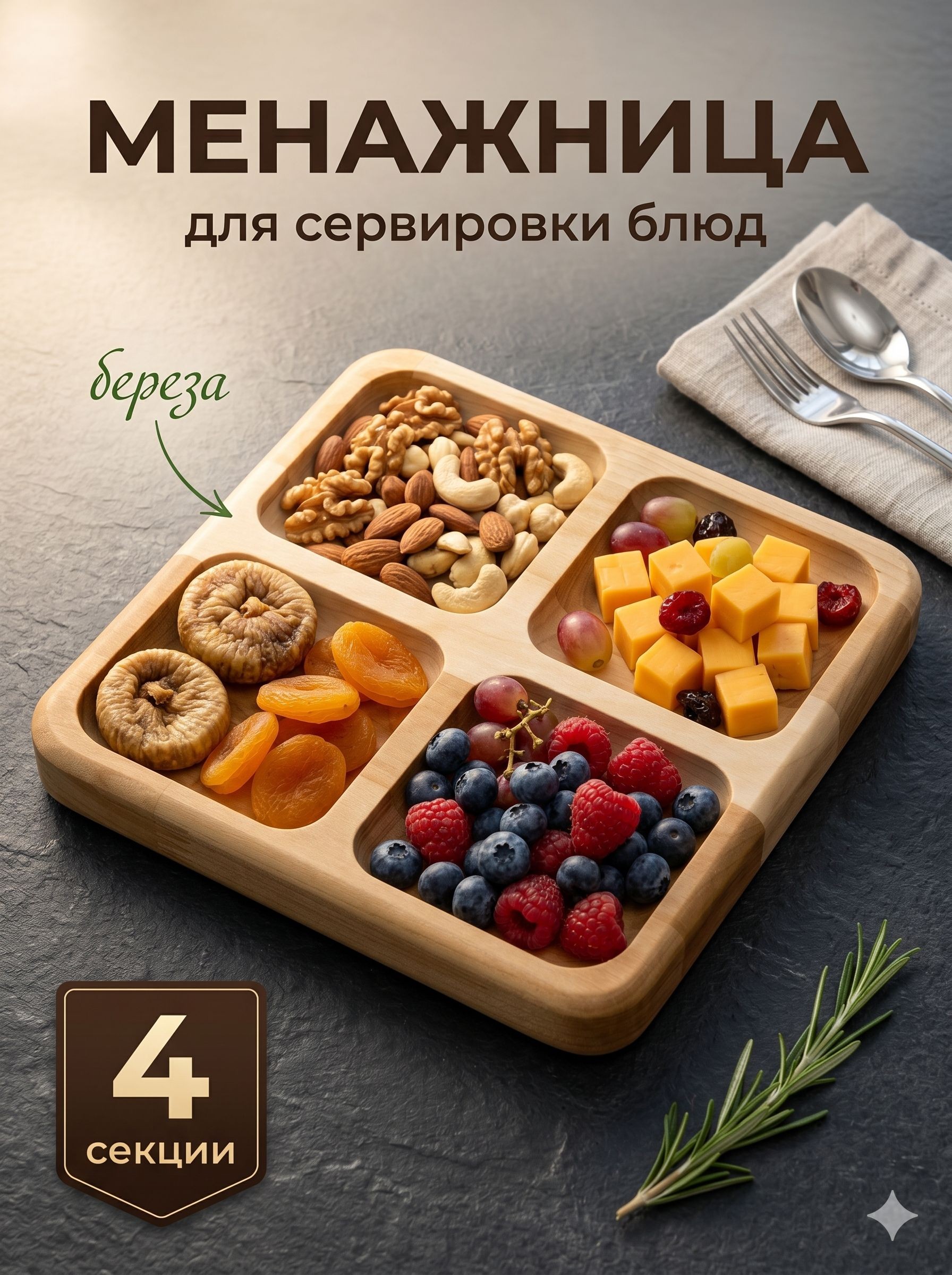 Менажница деревянная, 4 секции, 18 см, береза, Доляна "Комо", На фото — предложение продавца