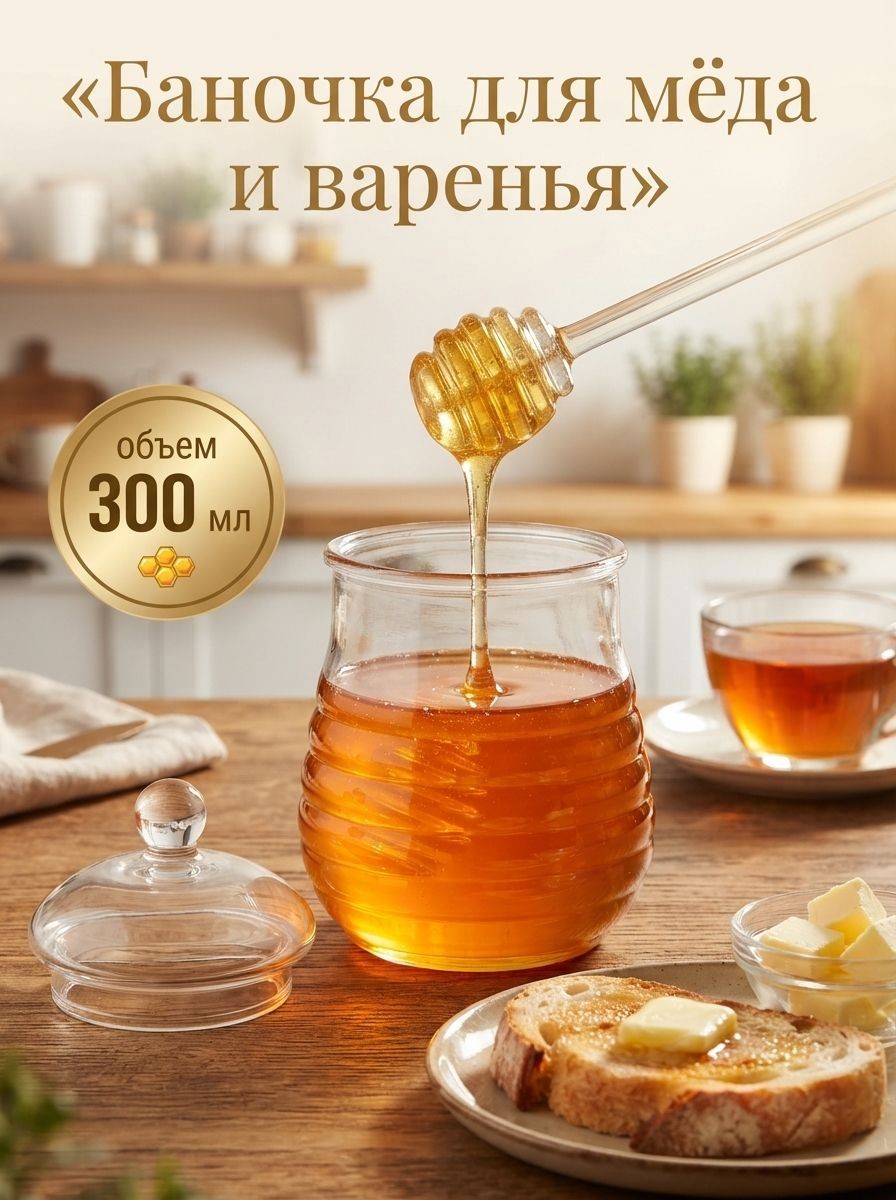 Банка для меда и варенья "Винни" с ложкой, объем 300 мл,, стеклянная, размер 8х14 см, На фото — предложение продавца