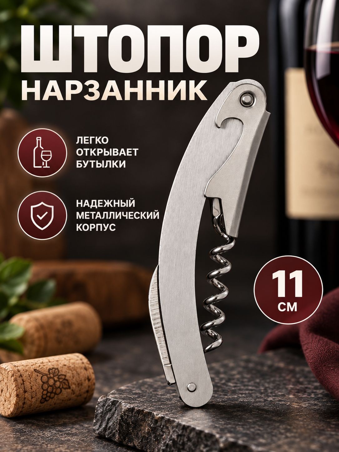 Штопор для вина складной, открывашка, длина 11 см, нержавеющая сталь, На фото — предложение продавца