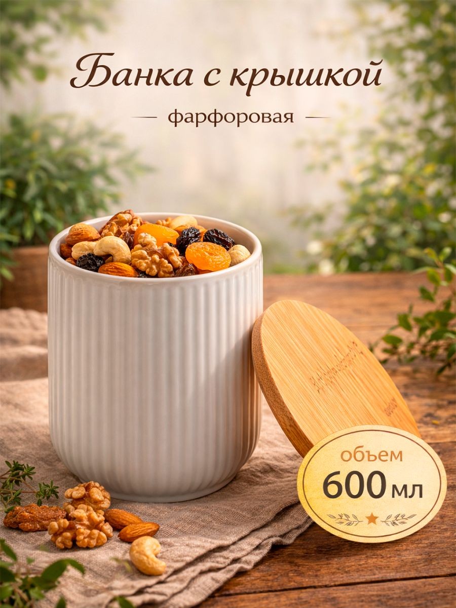 Банка для хранения сыпучих продуктов, объем 600 мл, с бамбуковой крышкой, фарфоровая, На фото — предложение продавца