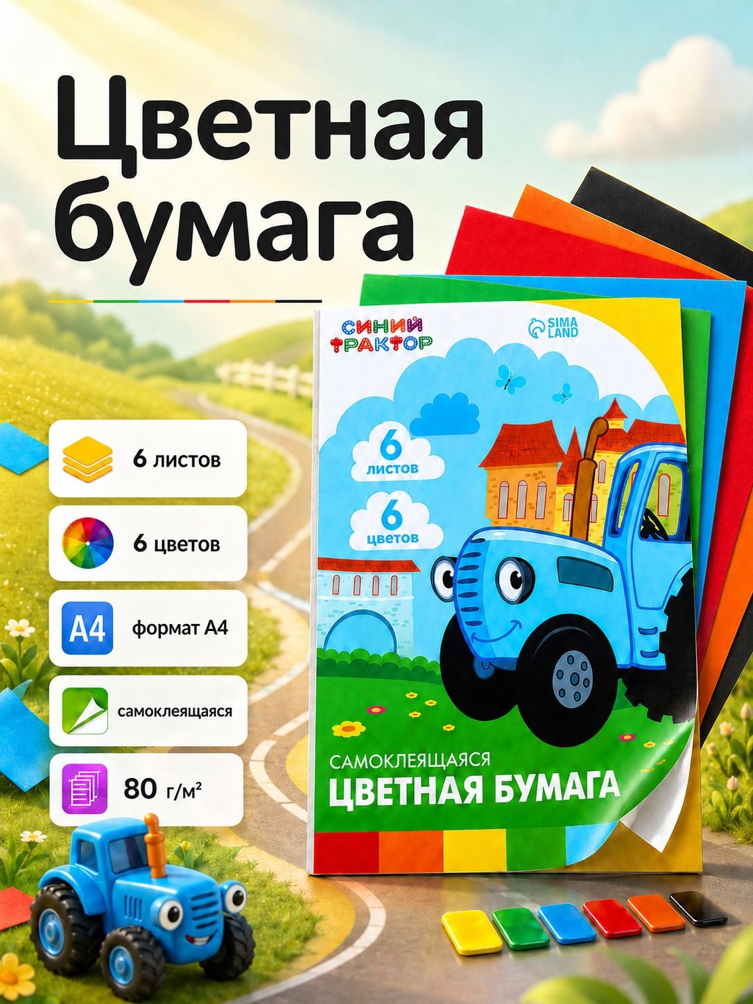 Самоклеющаяся бумага "Синий трактор", односторонняя, 6 листов, 6 цветов, формат А4