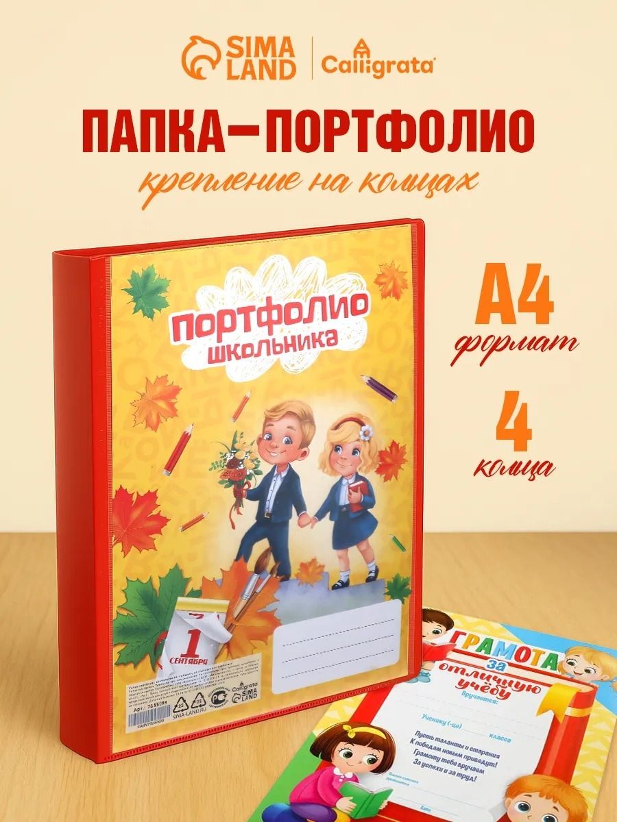 Папка-портфолио А4, Calligrata "Гимназия", пластиковая, на 4 кольцах, для школьника, без вкладышей, На фото — предложение продавца