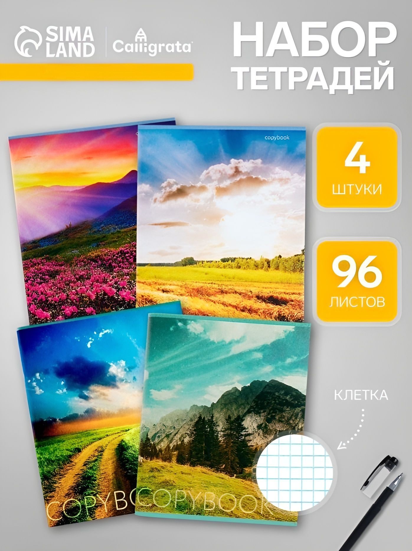 Тетрадь в клетку 96 листов, набор 4 штуки, На фото — предложение продавца