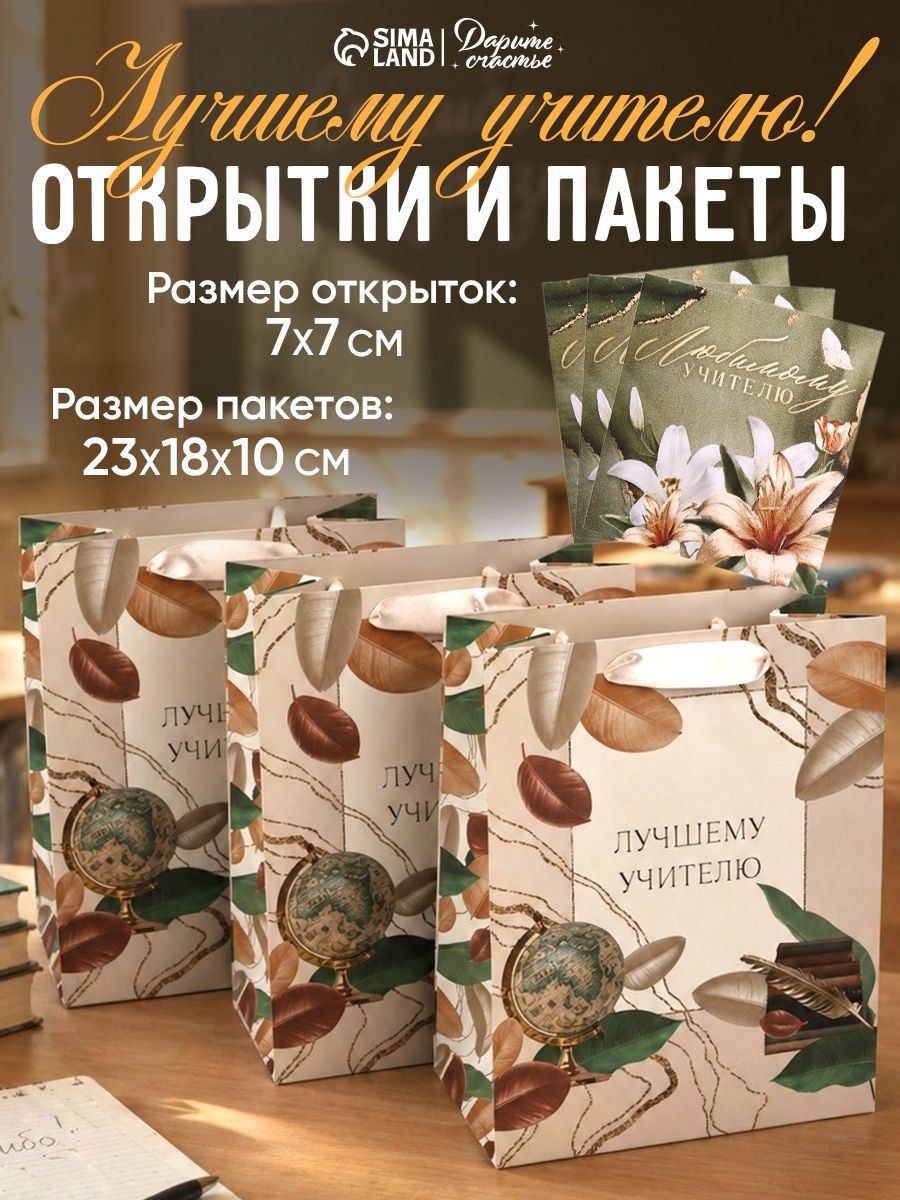 Пакеты подарочные учителю, набор 3 шт, с открыткой 18 х 23 х 10 см, На фото — предложение продавца