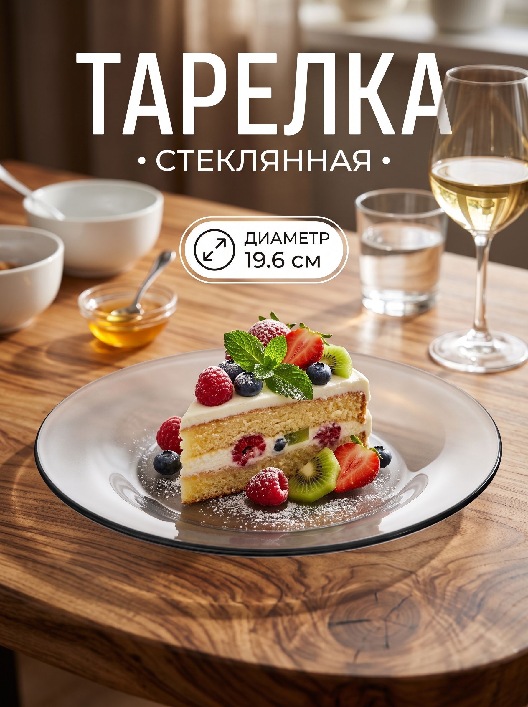 Десертная тарелка, диаметр 19,6 см, стеклянная, Симпатия