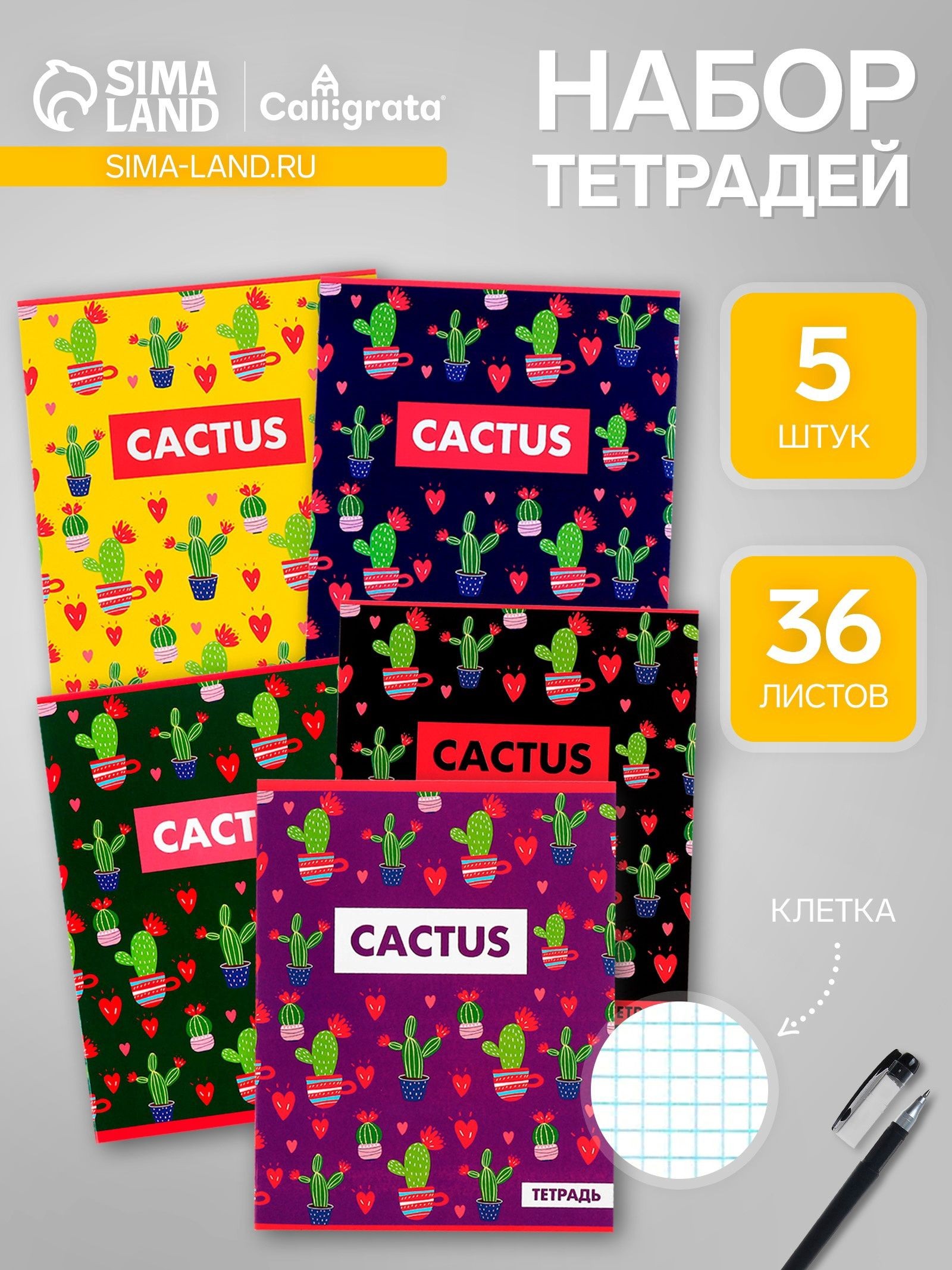 Набор тетрадей 36 листов в клетку, Calligrata Кактус , 5 штук, На фото — предложение продавца