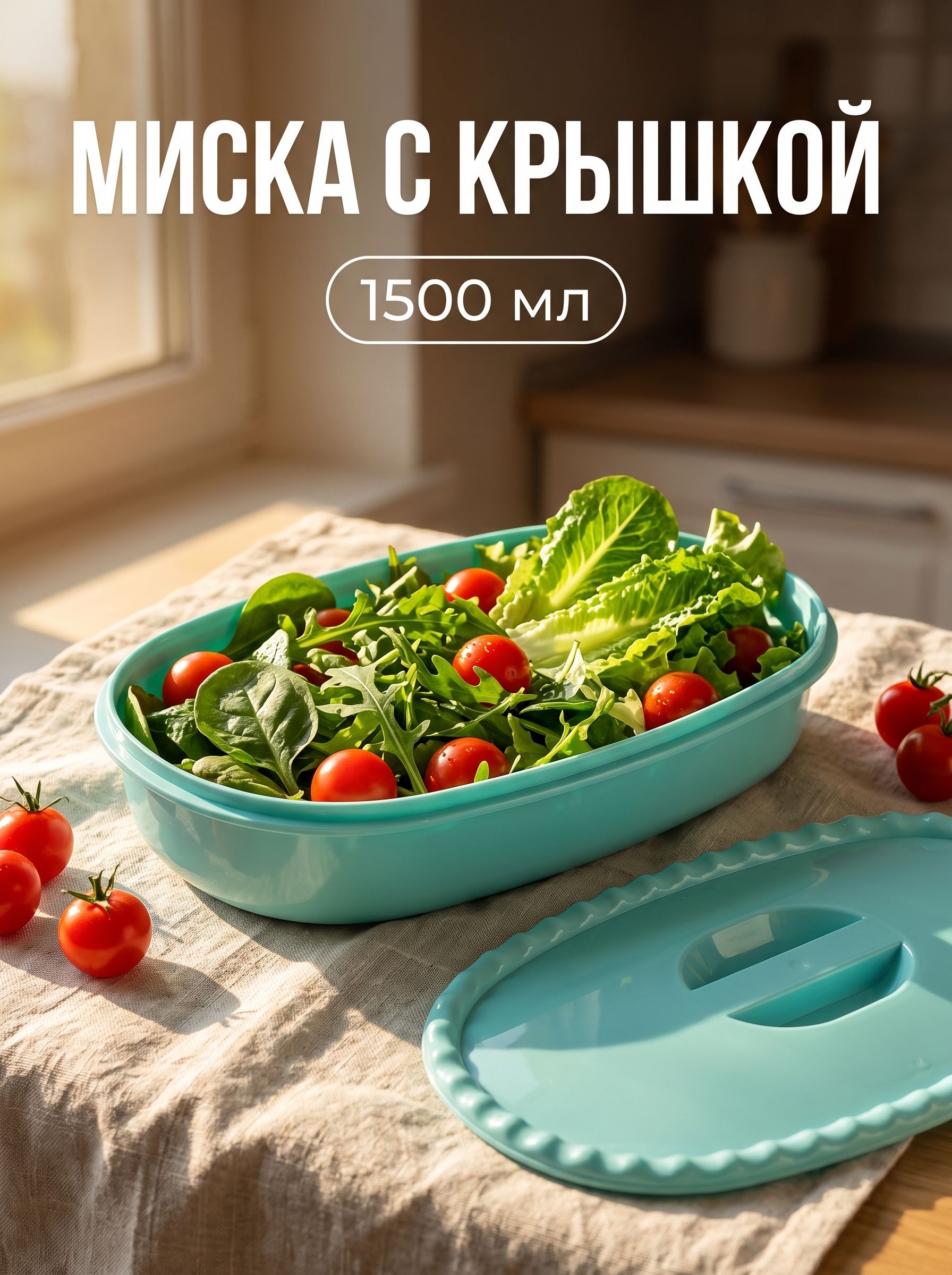 Миска с крышкой IDEA, 1.5 л, 16.5×28×6.5 см, пластик, голубой