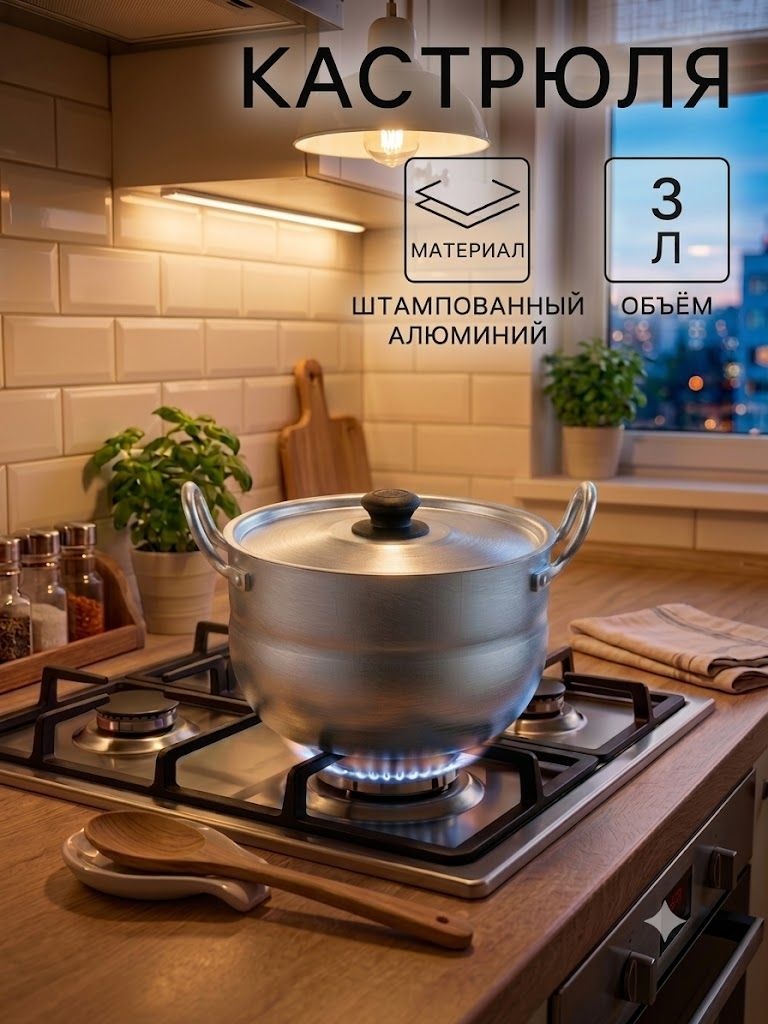 Алюминиевая кастрюля с крышкой, 3 л, На фото — предложение продавца