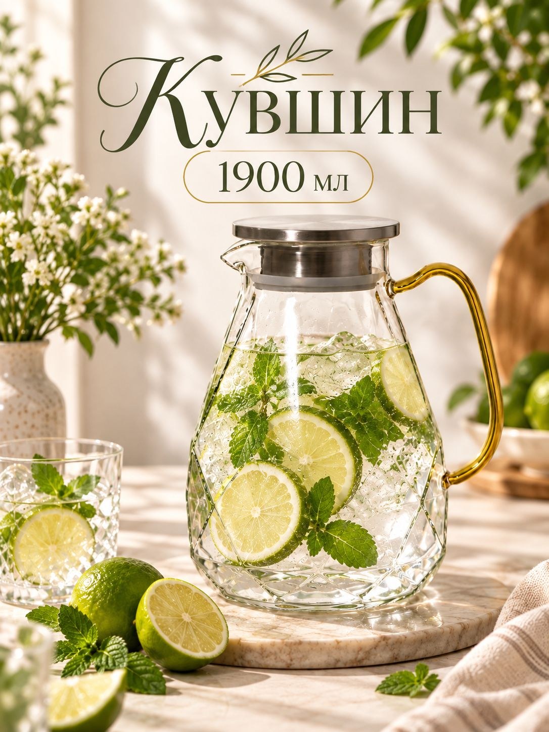 Кувшин для воды стеклянный с металлической крышкой, 1.9 л, На фото — предложение продавца