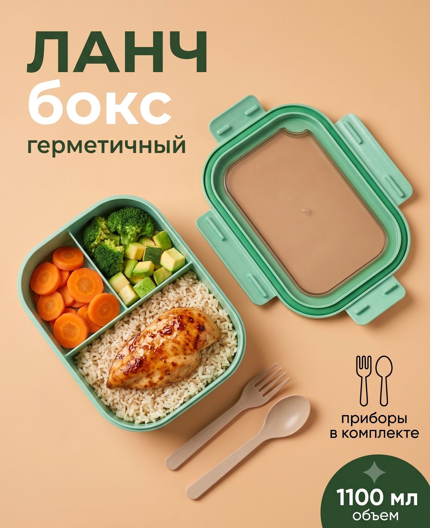 Ланч бокс 1.1л, контейнер для еды с 3 отделениями, герметичный, набор столовых приборов, На фото — предложение продавца