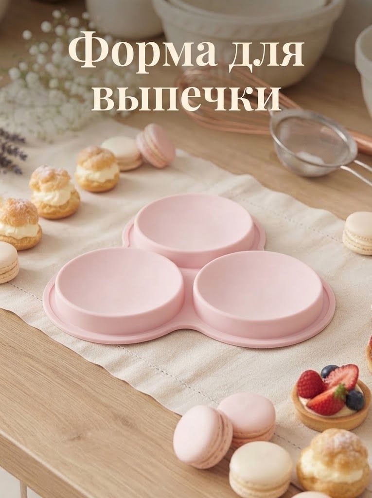 Форма для выпечки "Круг", силикон. размер 23х19 см, 3 ячейки, розовая, На фото — предложение продавца