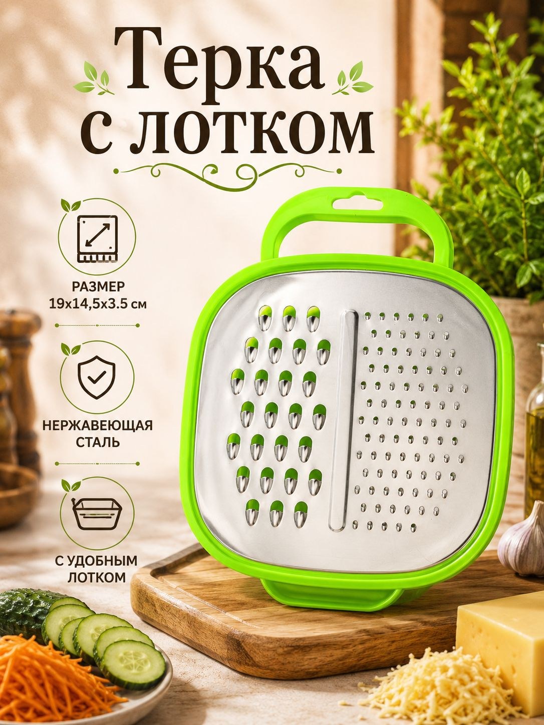 Терка с контейнером, 2 в 1, 19x14.5x3.5 см, нержавеющая сталь, На фото — предложение продавца
