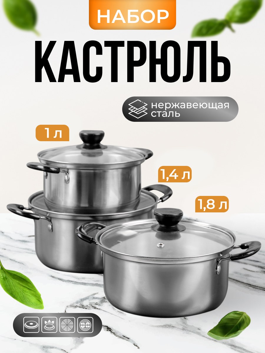 Набор кастрюль 3 шт, с крышкой, нержавеющая сталь, объемы: 1,3 л, 1,8 л, 2,3 л, На фото — предложение продавца