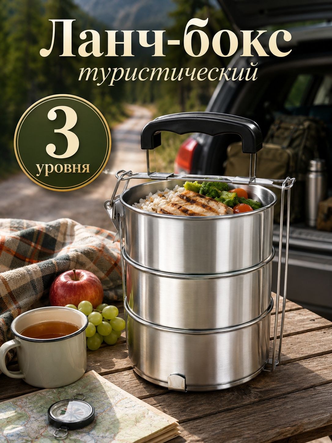 Набор туристической посуды "Альструп", многоуровневый контейнер для еды, объем 0,7л одной чаши, нержавеющая сталь, На фото — предложение продавца